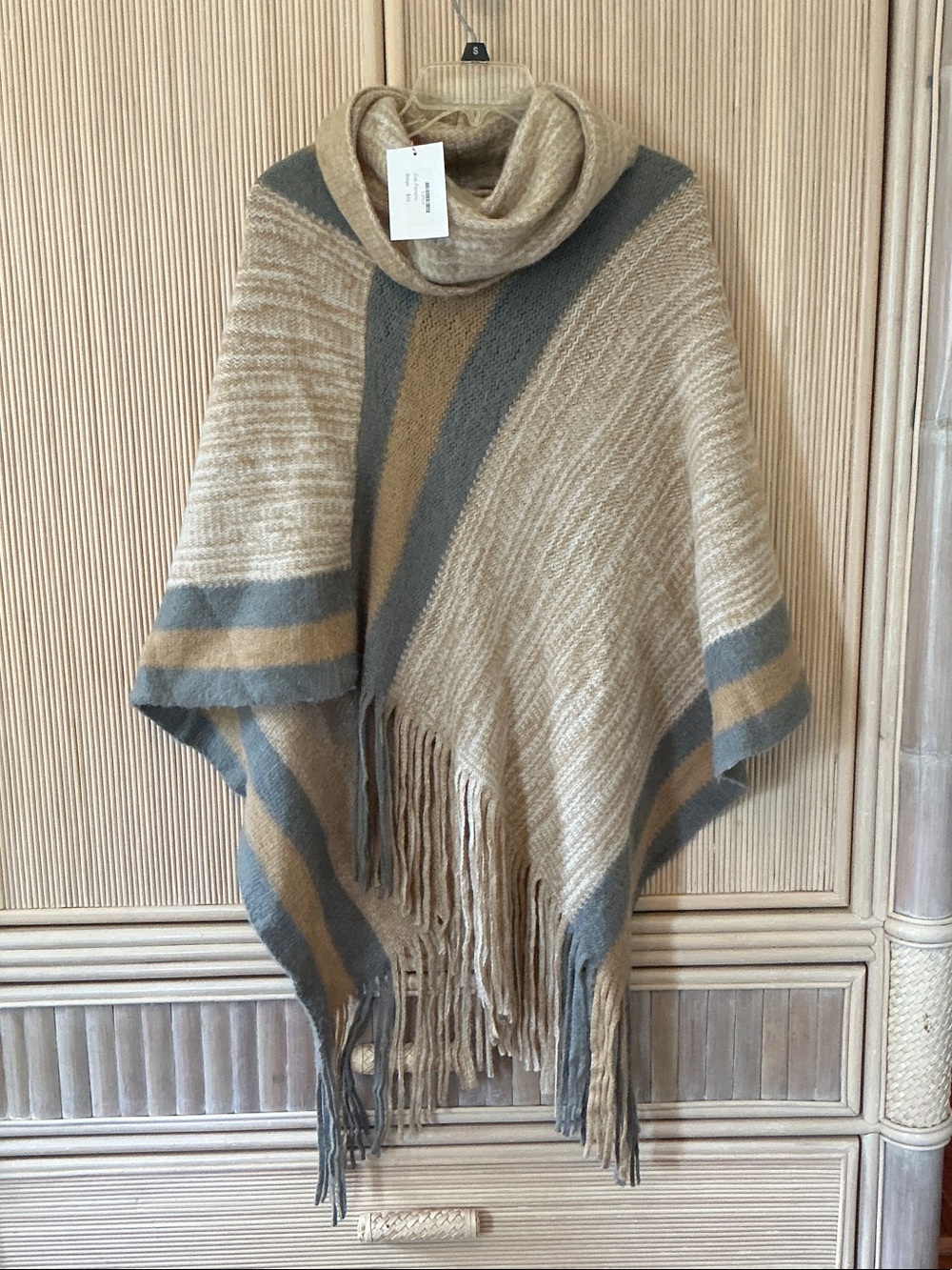 Beige & Gray Fringe Poncho with Cowl Neck - Unbranded